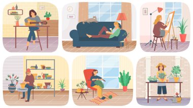 Evde yaratıcı işler yapmakla ilgili bir dizi çizim. Kızlar apartmanda yardım alarak zaman geçirirler.