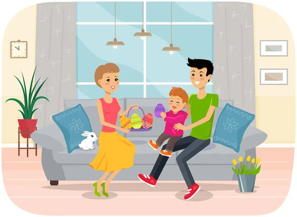 Férias de Páscoa familiar com crianças e personagens adultos colorindo ovos pascal, bolos de pão, coelho branco — Vetor de Stock
