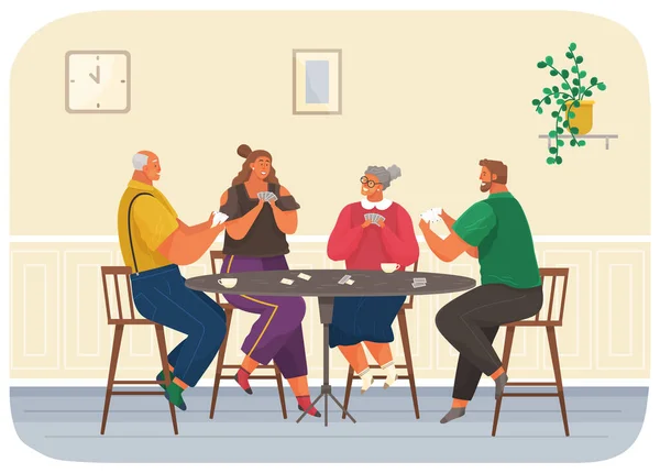 Jovens e idosos com jogo de tabuleiro passam tempo na sala de estar. Família joga cartas em casa — Vetor de Stock