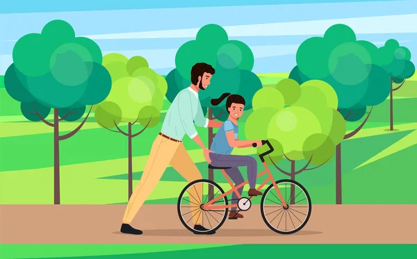 Caring dad teaching daughter to ride bike for first time. Father helping girl riding bicycle in park — Stock Vector