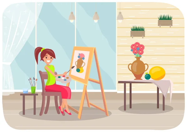 Дівчина малює пензлем і палітрою в руках. Художник малює вазу з квітів, сливи та дині — стоковий вектор