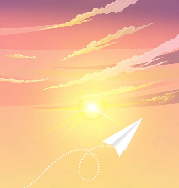 紙飛行機は太陽の近くを飛んでいる。航空機は曇りの空の隣を飛ぶ。レイアウトテンプレート上の白い飛行機 — ストックベクタ