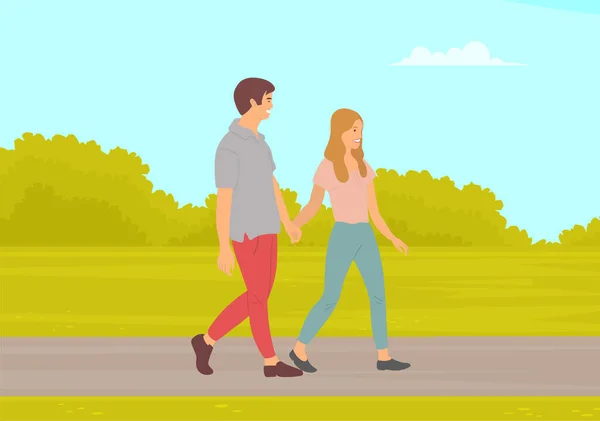 Een stel loopt door een groene steeg. Jonge man en meisje hand in hand, wandelen in de zomer dag in het stadspark — Stockvector