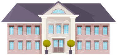 Mavi pencereli, beyaz arka planda çatısı olan iki katlı bir bina. Ön kapının yanındaki saksılarda ağaçlar