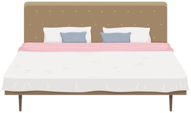 Çarşaflı, yastıklı ve battaniyeli çift katlı ahşap yatak. Yatak odası iç mekan, ev aletleri.