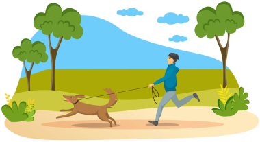 Parkta köpekle yürümek. Genç adam, köpeğiyle bahçeye çıkıyor. Güneşli bir gün. Sahibi ve evcil bir hayvan.