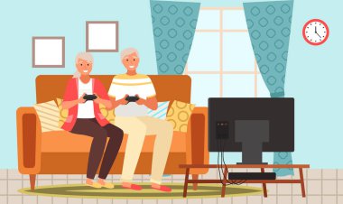 Yaşlı insanlar video oyunu oynar. Farklı aletleri olan yaşlı insanlar. Bilgisayarda eski eğitim