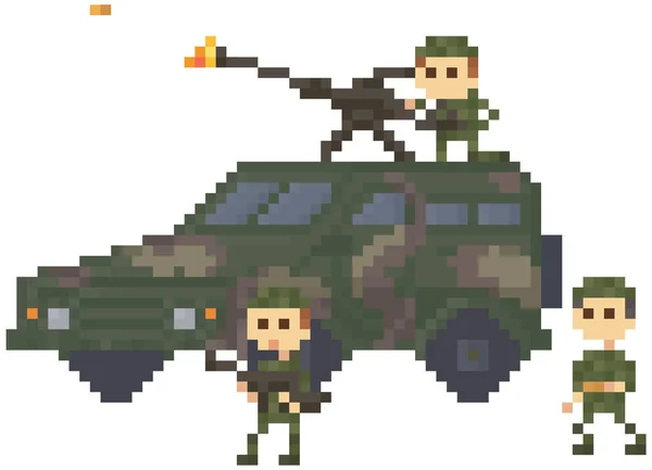 Soldados en uniforme cerca de combate camuflaje transporte para pixel juego diseño vector ilustración — Vector de stock