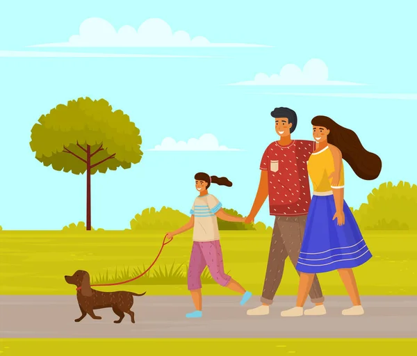 Szczęśliwa rodzina rodzice i córka spacerują razem z małym psem wzdłuż chodnika słoneczny dzień w parku — Wektor stockowy