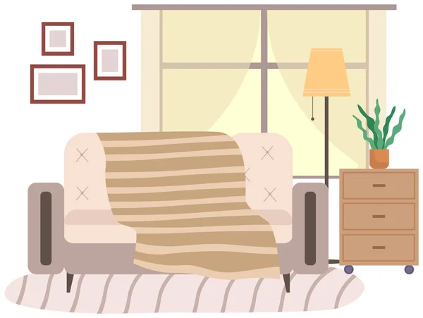 Плоский дизайн интерьера. Планирование и обустройство мебели в квартире. Гостиная. Домашний образ жизни Стильный дом — стоковый вектор