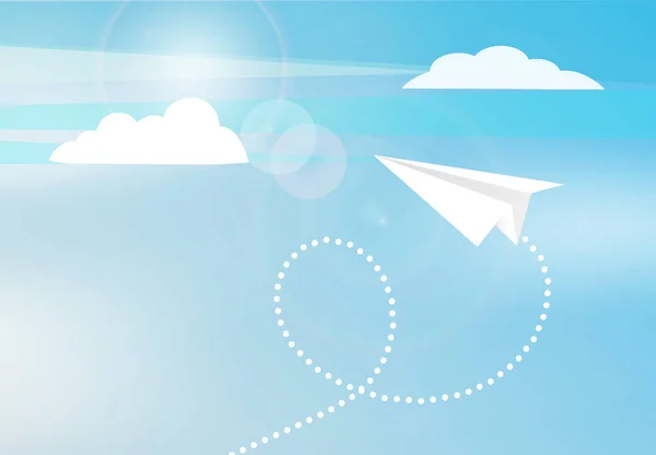 Vliegtuigen vliegen tussen wolken en licht in de lucht. Patroon mockup ontwerp met wit papier vliegtuigen — Stockvector