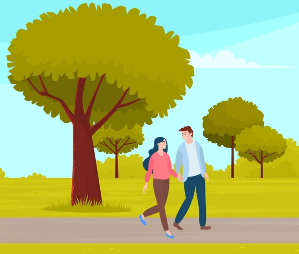 Egy pár sétál a parkban. Fiatal férfi és lány kéz a kézben séta a nyári kertben, romantikus séta — Stock Vector