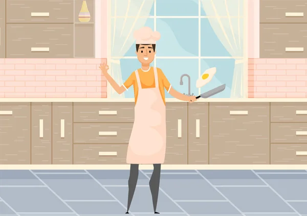Joven cocinando el desayuno en la cocina. Actividad doméstica, limpieza, tareas cotidianas, pasatiempo — Vector de stock