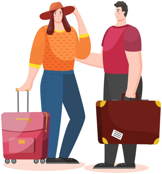 Seyahat eden çift tatile gidiyor. Seyahat çantalı turistler ve bavullu turistler — Stok Vektör