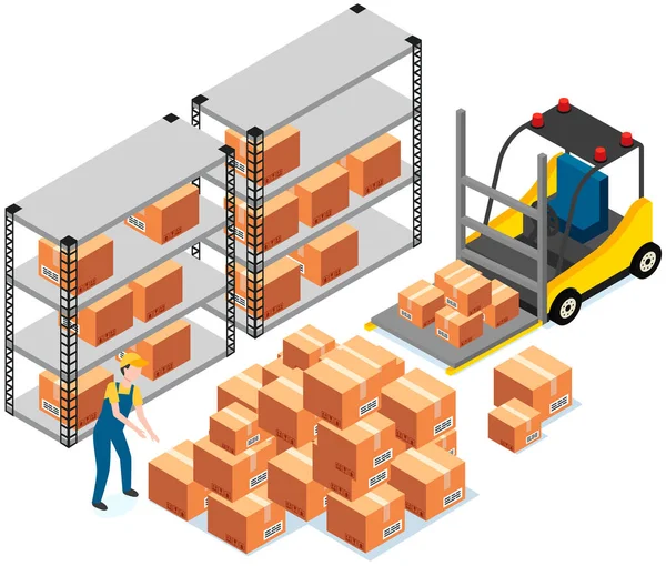 Forklift lifts boxes on special device. Machine for loading in warehouse for storing parcels — Stock Vector