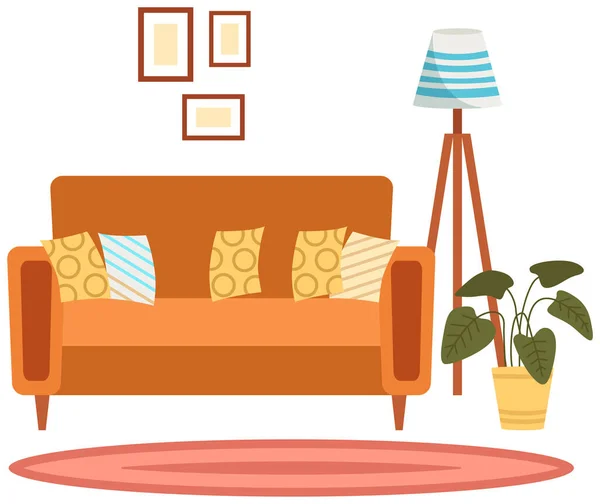 Plochý interiér. Plánování a uspořádání nábytku v bytě. Obývací pokoj. Domácí životní styl. Dům stylů — Stockový vektor