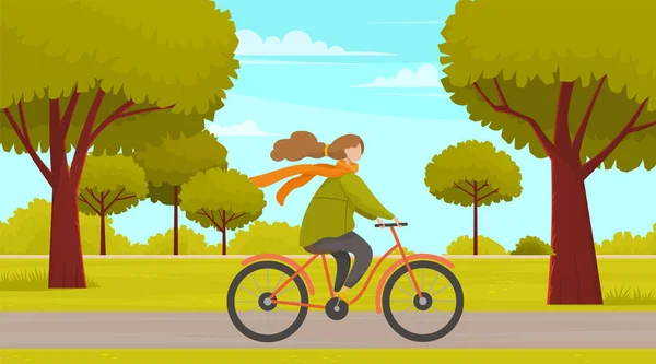 Chica montando en el parque. La mujer monta en bicicleta en la carretera del parque. Personaje femenino haciendo deportes al aire libre — Vector de stock