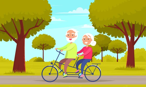 Passeggiate in famiglia nel parco cittadino e in bicicletta in coppia insieme. Anziani su divertenti passeggiate all'aperto — Vettoriale Stock