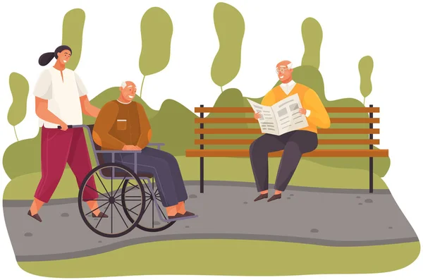 Žena válí staříka na vozíčku. Dědeček chodí a sedí v invalidním voze v městském parku — Stockový vektor