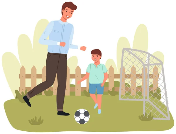 Vader met zoon voetballen op het veld. Mannen die achter de bal aanrennen. Familie rust actief uit — Stockvector