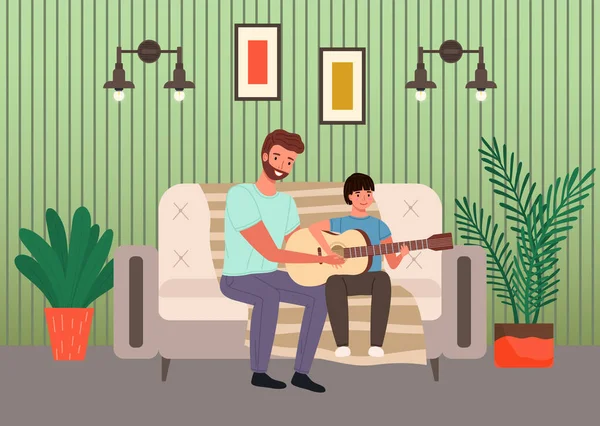 Ο πατέρας περνάει χρόνο με το παιδί του και διδάσκει κιθάρα. Οι μουσικοί κάνουν μουσική μαζί. — Διανυσματικό Αρχείο