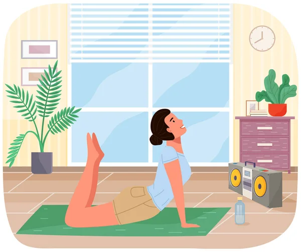 Chica joven haciendo ejercicio en casa. Ejercicio de yogui con música en tocadiscos — Vector de stock