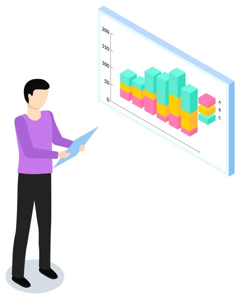 Estadísticas del estudio del hombre sobre antecedentes. Analice el concepto de gráficos y gráficos. Tipo que trabaja con datos — Archivo Imágenes Vectoriales