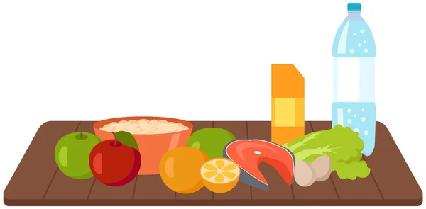 Υγιή φυσικά συστατικά για το πιάτο στον πίνακα κοπής. Νωπά λαχανικά, φρούτα και ψάρια για μαγείρεμα — Διανυσματικό Αρχείο