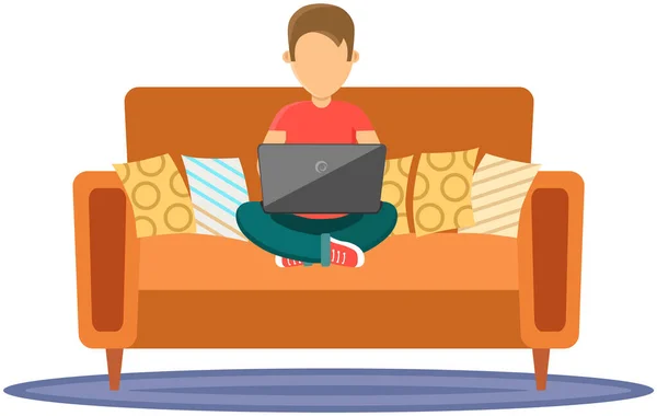 Male character sitting on couch in room in yoga pose with computer. Student or freelancer at home — Stock Vector