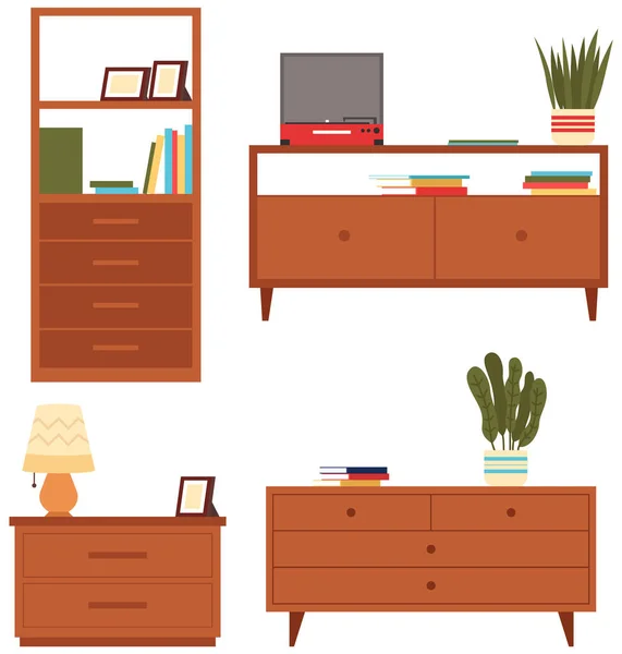 Conjunto de ilustraciones cómodas sobre el tema de los muebles de almacenamiento. Cómodas de ilustración vectorial cajones — Vector de stock