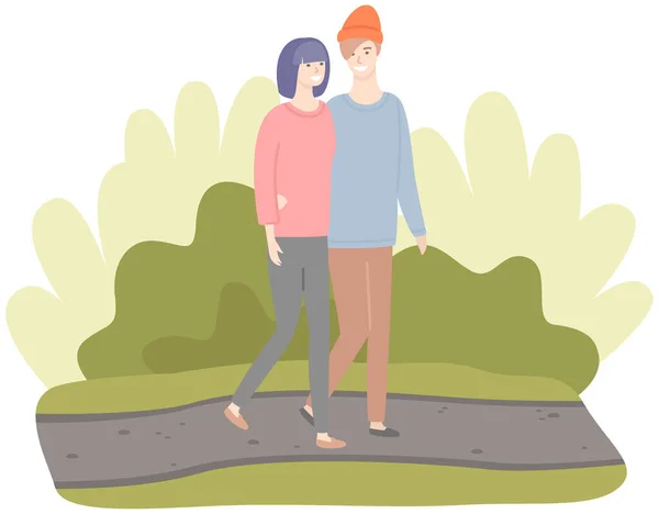 Couple heureux amoureux marchant dans l'étreinte. Les gens en relation passent du temps ensemble dans le parc — Image vectorielle