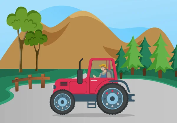 Fahrer eines Traktors fährt zum Pflugfeld. Landwirtschaftlicher Verkehr vor dem Hintergrund der Berglandschaft — Stockvektor
