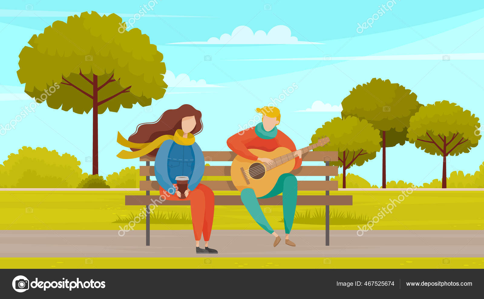 Verliebte ruhen sich im Park aus und singen gemeinsam Lieder. Cartoon junge  Figuren sitzen auf Bank Stock-Vektorgrafik von ©robuart 467525674