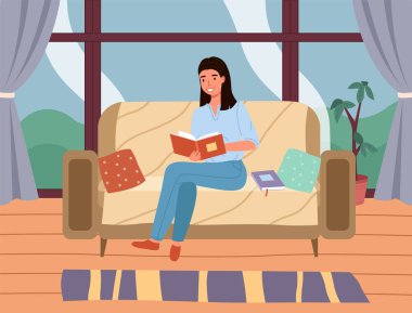 Kadın karakter evde edebiyat okuyor. Elinde kağıt kitapla koltukta oturan genç bir kadın.