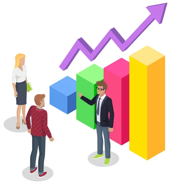 Colleagues working with data and discuss. Characters while analysing statistical bar chart — Stock Vector