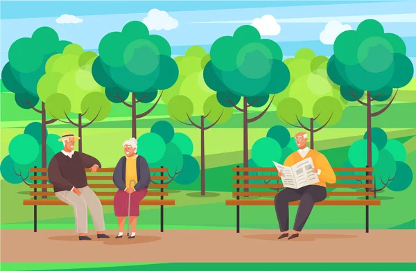 Starší muž sedí na lavičce v parku a čte noviny. Dědeček a babička si povídají — Stockový vektor