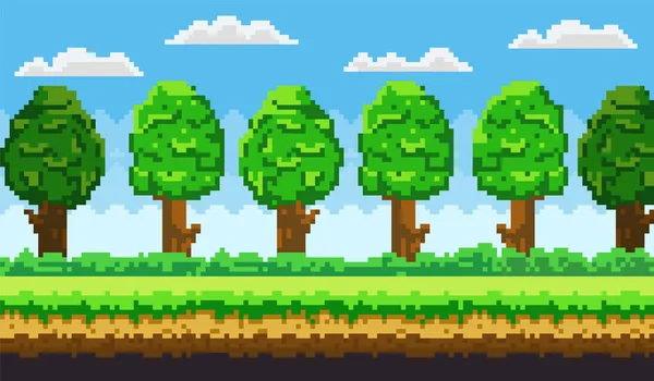Фон пиксельной игры. Сцена с зеленой травой и высокими деревьями на фоне голубого неба — стоковый вектор