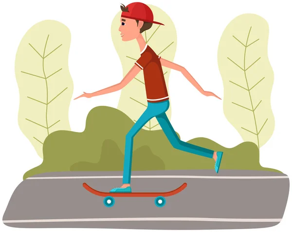 男性キャラクタースケートボードのベクトルイラストに乗る。クールなヒップスターの男は公園でスケートに乗る — ストックベクタ