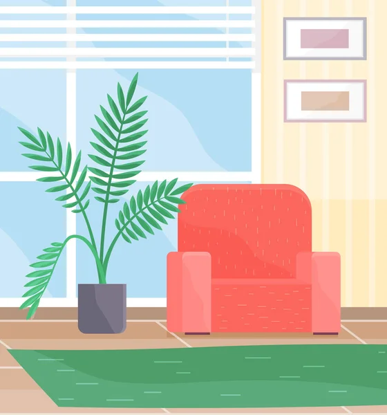 Дизайн интерьера гостиной с красным креслом. зеленый ковер, картины на стене и горшок растения — стоковый вектор