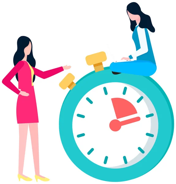Gerenciamento de tempo e conceito de prazo. Mulher de negócios sentado no cronômetro, empregado e relógio grande — Vetor de Stock