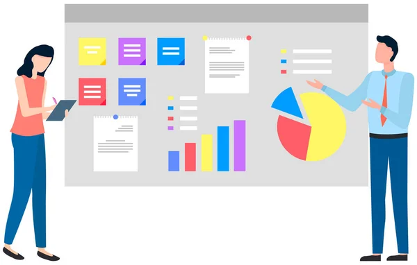 成功したビジネスプロジェクトプレゼンテーション、企業戦略計画、統計指標分析 — ストックベクタ