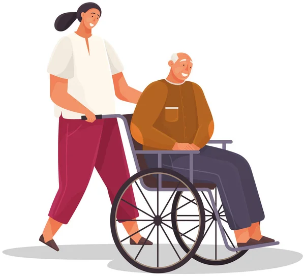 Dziewczyna opiekuje się emerytką z domu opieki. Kobieta uśmiecha się i buja starszego mężczyznę na wózku inwalidzkim — Wektor stockowy