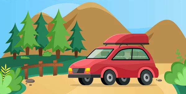 Carro da família vermelha para dirigir na floresta. Transporte para viajar ao redor do mundo. Viagem de carro conceito — Vetor de Stock