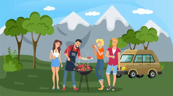 Picnic en el bosque o el parque. Amigos felices cocinando comida al aire libre. Jóvenes divertidos y relajantes — Vector de stock