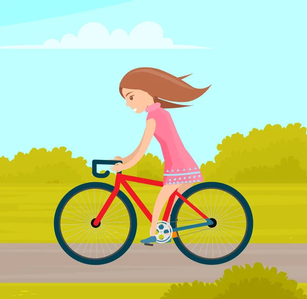 Девушка едет в парке. Женщина ездит на велосипеде по парковой дороге. Женский персонаж занимается спортом на открытом воздухе — стоковый вектор