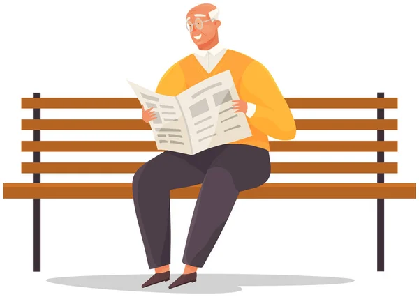 Літній чоловік пенсіонер сидить на лавці в парку читаючи газету і насолоджуючись відпочинком на пенсії — стоковий вектор