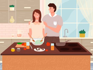 Mutfakta birlikte sağlıklı yemekler pişiren mutlu bir aile. Yemek odasında aile yemeği hazırlıyorum.