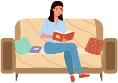 Kadın karakter evde edebiyat okuyor. Elinde kağıt kitapla koltukta oturan genç bir kadın.