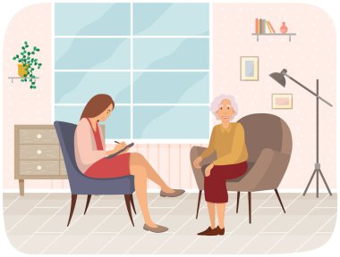 Yaşlı kadın hasta psikoterapist veya kadın psikologla konuşuyor ve soruları cevaplıyor.