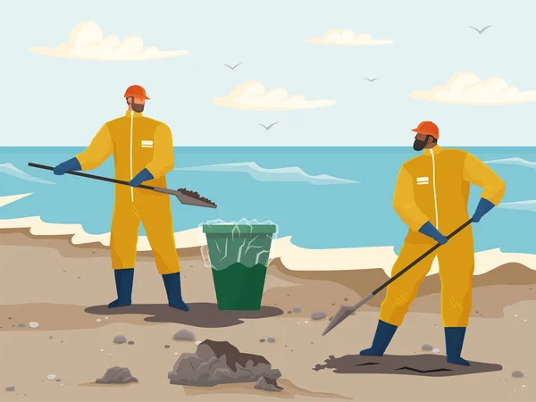 Kürekleri olan adamlar kumun kirli bölgelerini temizliyorlar. Gönüllüler plajı temizliyor. — Stok Vektör